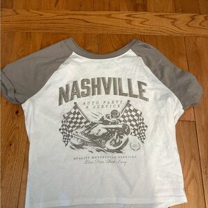 Hollister White Tee with Gray Raglan Sleeves and Nashville Graphic